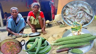 rural poor grandma cooking SMALL FISH CURRY with JHINGA and eating with water rice || village life