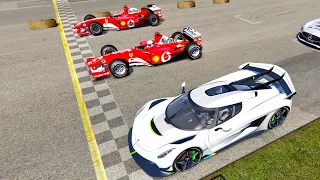 Koenigsegg Jesko vs Ferrari F1 2004 vs Ferrari F1 2002 - Old Monza