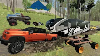 Camping with Monster Trucks on muddy mountain | Farming Simulator 22