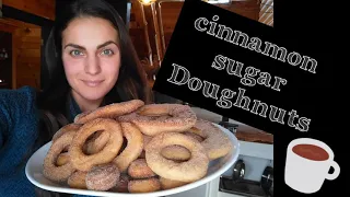 easy homemade cinnamon sugar doughnuts fried in cast iron skillet