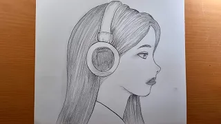 Desenho de uma garota ouvindo música, desenhar Retrato fácil a lápis Desenho de uma linda garota