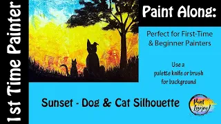 Easy Sunset Dog and Cat Silhouette Acrylic painting! - First-time & beginner painters🎨🐾