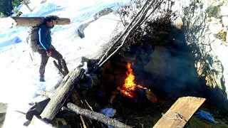 Bushcraft Trip Solo Winter Overnighter, Primitive Shelter, Survival, Extreme Cold The Mountain's boy