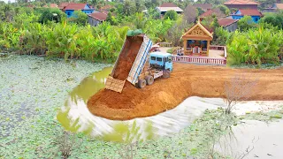 Perfect Start New Project Land Fill Up Dozer Push Soils Across Water Lake With Dump Truck 10Ton