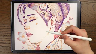 Draw With Me ASMR| iPad Drawing Using Procreate | Colorful Portrait Drawing With Linework