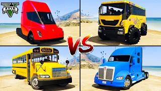 School Bus vs Packer Truck vs Tesla Semi Truck vs Iveco Bus - GTA 5 Which car is best?