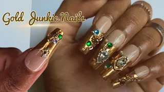 Gold Junkie Rhinestone Nails | Gel X Application |ASMR Nail Art