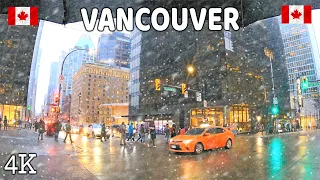 🇨🇦 【4K】❄️⛈️ Heavy Rain and Snow in Downtown Vancouver BC. Travel Canada.  Relaxing walk.