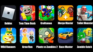 Roblox,Tom Time Rush,Craftsman SuperHeroes,Plants vs Zombies 2,Toilet Monster Zombie Battle