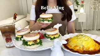 🥪How to enjoy honey hotteok 🍛Making omelet rice and tornado eggs. Cafe latte in a bear cup