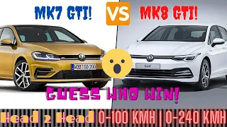 VW Golf 8 gti 2021 Club Sport 300 hp vs VW Golf 7 gti 290 hp Drag Race 0 to 250 100 to 200 kmh