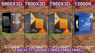5800X3D vs 7800X3D vs 7950X3D vs 13900K + RTX 4090  - Test in 11 Games | QHD(2560x1440)