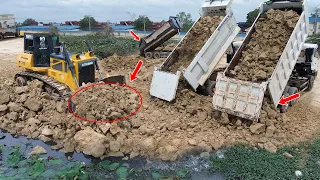 Best Fantastic Project Clearing Lake by Bulldozer SHANTUI Pushing Big Soil Stone into Water | EP 4