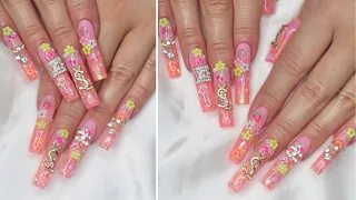 Luxury Glitter Peachy Coral Fruit Blossom Ombré Polygel Nails I Madam Glam Pastel Haven Collection