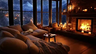 Cozy Winter Evening with Wind, Snow and Crackling Fireplace - Winter Ambience with Cats and Cozy Hut