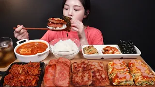 SUB)푸짐한 집밥 먹방🍚 돼지김치찌개 제육볶음 스팸 떡갈비 계란말이까지 꿀조합 리얼사운드 Kimchijjigae, Spam, Tteokgalbi Mukbang ASMR