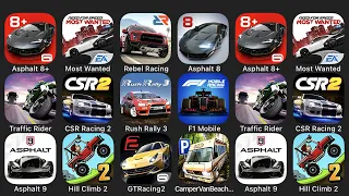 Asphalt 8 Plus, Most Wanted, Rebel Racing, Asphalt 8, Traffic Rider, CSR Racing 2, Rush Rally 3...