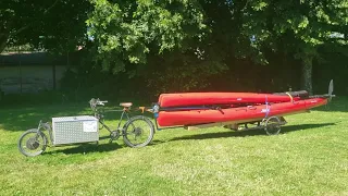 Towing, launching, and retrieving a Hobie Tandem Island sailing kayak boat by bike