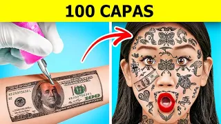 RETO DE 100 CAPAS | 100 Capas de tatuaje, Pestañas, Maquillaje divertido Juego de 123 GO! CHALLENGE