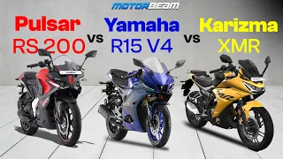 Hero Karizma XMR vs Yamaha R15 V4 vs Bajaj Pulsar RS 200 - Best Faired Bike For ₹2 Lakh? | MotorBeam