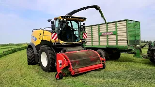 New Holland FR 780 mit 3 Gespanne im Gras.