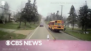 Dramatic footage shows truck narrowly miss school bus as brakes fail