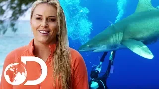Lindsey Vonn Gets Surrounded By Aggressive Whitetip Sharks | Monster Tag | SHARK WEEK 2018