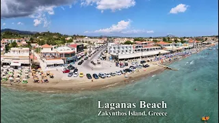 4K Bird's view of Laganas Beach in Zakynthos Island, in Greece