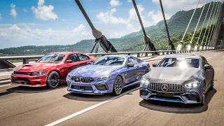 Forza Horizon 5 Drag race: BMW M8 Competition vs Mercedes-AMG GT4-Door vs Dodge Charger SRT Hellcat