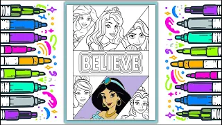 Coloring Disney Princess Ariel, Aurora, Rapunzel, Cinderella, Jasmine and Belle | Disney coloring