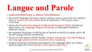 langue and parole in linguistics, langue and parole with explanation, competence vs performance. PDF