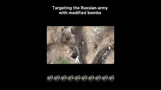 A drone drops bombs on Russian military equipment