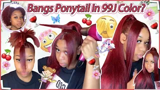 🍒Extended High Ponytail On Natural Hair | 99J Burgundy Weave + Two Bangs #ULAHAIR