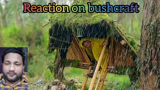 Camping alone building air survival shelter. Reaction on Bushcraft. Camping in the rain