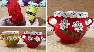 make a flower vase from a cup of coffee and wool | Woolen Flower craft Basket idea 🌹🌺