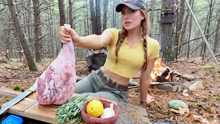 Juicy Whole Leg of Lamb cooked on campfire solo in the woods. ASMR cooking no talking. Caveman style