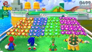 What happens if Mario, Sonic, Yoshi & Bowser Collect 999x Rainbow Fire Flowers in World 1-1?