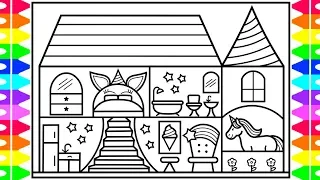 How to Draw a Unicorn House for Kids 🦄💜💚💛💖Unicorn House Drawing and Coloring Page for Kids