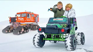 Braxton and Ryder as Monster Truck Kids on Snow Race