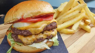 Double Burger, Bacon and Cheese. Street Food in re-opening London