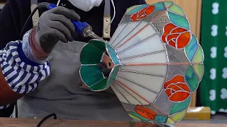 Process of Making a Lamp From Pieces of Glass. Korean Stained Glass Technician.