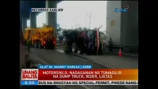 UB: Motorsiklo, nadaganan ng tumagilid na dump truck; rider, ligtas