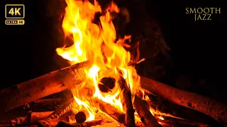 Burning Firecamp 4K: Smooth Jazz Music, Crackling Fire Sounds in Cozy Night Ambience