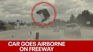 Tire pops off truck, flips car on California freeway