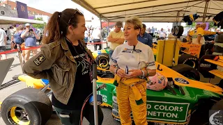 Goodwood FOS23. Lorina McLaughlin and her ex Michael Schumacher 1992 Benetton B192 Formula 1 car.