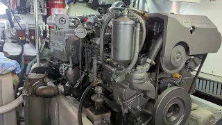 The test run of DIY rebuilt Yanmar 6LY diesel engine inside the boat