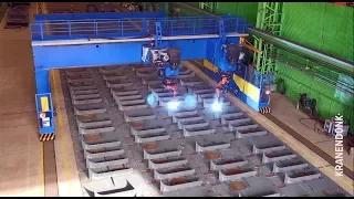 Panel Welding Gantry in operation - automated robot welding at shipyards