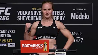 Valentina Shevchenko and Lauren Murphy - Official Weigh-ins - (UFC 266: Volkanovski vs. Ortega)