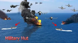 Female US air force F-16 pilot destroys a Houthi rebel ship as it passes over the Red Sea