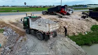 Full Project Best Activity Build Road by Bulldozer D31P Pushing Large Stone to Water with Dump Truck